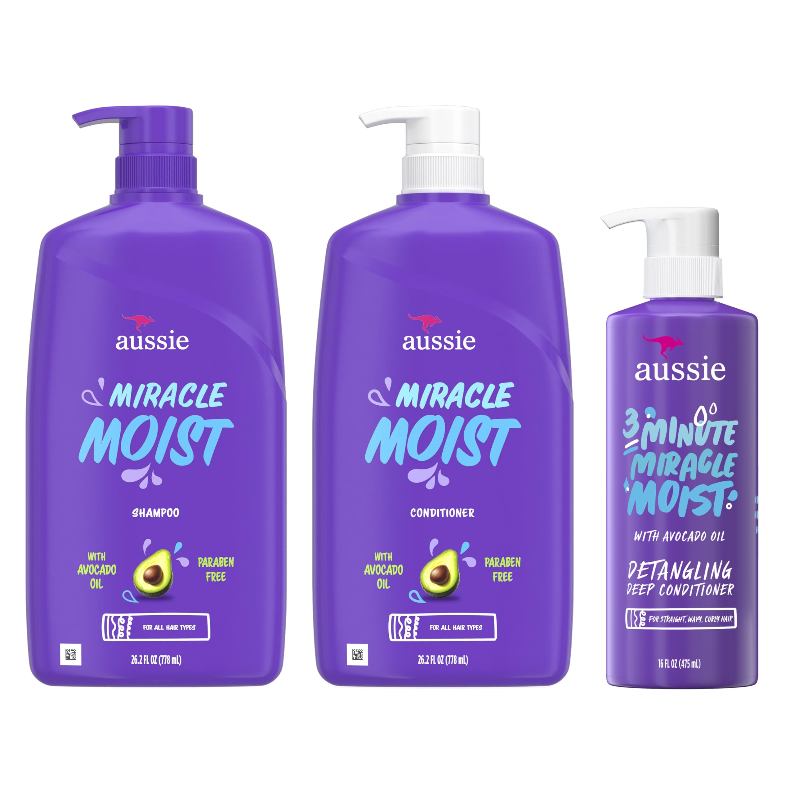 Aussie Miracle Moist Shampoo and Conditioner with 3 Minute Miracle Deep Conditioner, Avocado & Jojoba Oil, Paraben-Free, Moisturizes & Detangles, All Hair Types, Citrus Floral Scent, 3 Pack 68.4 Fl Oz