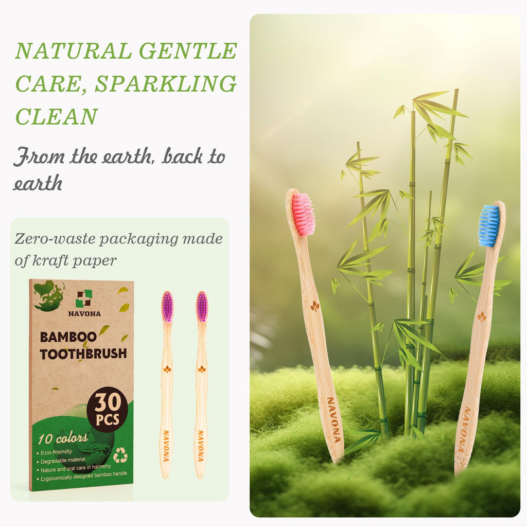 30 PCS Bamboo Toothbrushes, Individually Wrapped Wooden Toothbrushes Bulk
