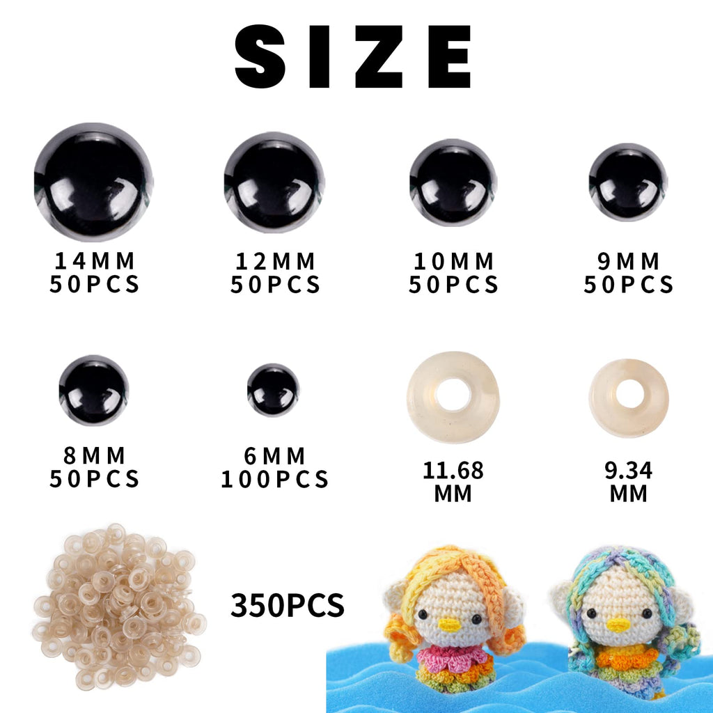 350 Pcs 6-14mm Safety Eyes for Crocheting with Washers and Size Tools Black Plastic Craft Safety Eyes for Amigurumi Doll Eyes for Stuffed Animals DIY Making Toy Crafts Decorations with Instructions
