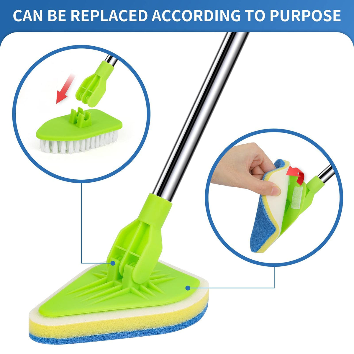 2 in 1 Scrub Cleaning Brush with 37” Long Extendable Handle,1 Stiff Bristle and 3 Sponge Brushes, Lightweigh Detachable Shower Scrubber for Cleaning Bathroom Shower Bathtub Glass Tile Floor