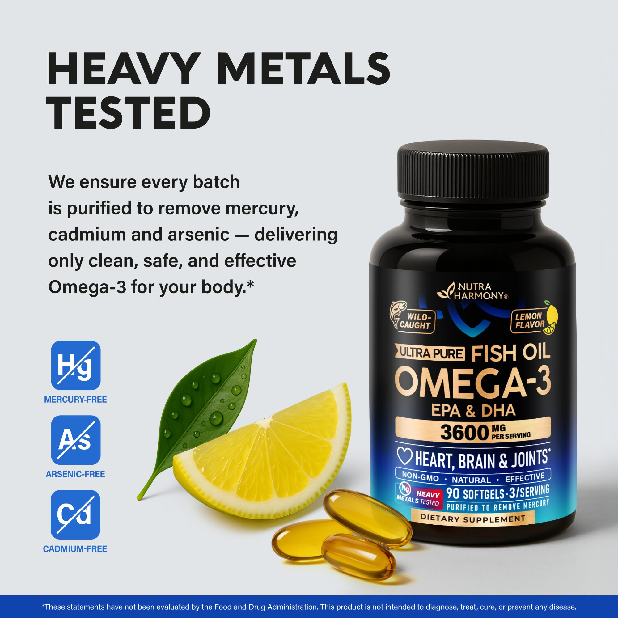 Omega 3 Fish Oil 3600 mg - Omega 3 Supplement for Men & Women - 90 Softgels | Omega 3 EPA & DHA - Heart, Brain & Joint Support - Purified Fish Oil | Heavy Metals Tested - Lemon Flavored