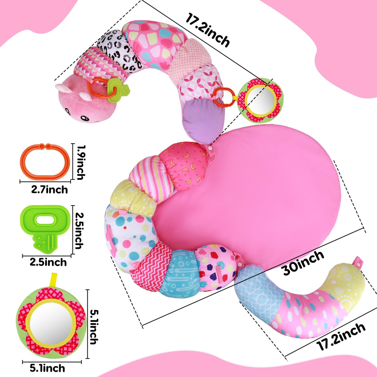 2 in 1 Baby Tummy Time Mat & Support Seated Pillow Infant Newborn Toys 0 1 2 3 4 5 6 Months Pink Caterpillar Sensory Developmental Playmat 0-6 3-6 12 Month Mirror Babies Girls Shower Gifts Essentials