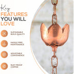 Buy now Copper Rain Chain – Decorative Chimes & Cups Replace Gutter Downspout & Divert Water Away from Home for Stunning Fountain Display – 8.5’ Long for Universal Fit – Flower Style at indiglob india