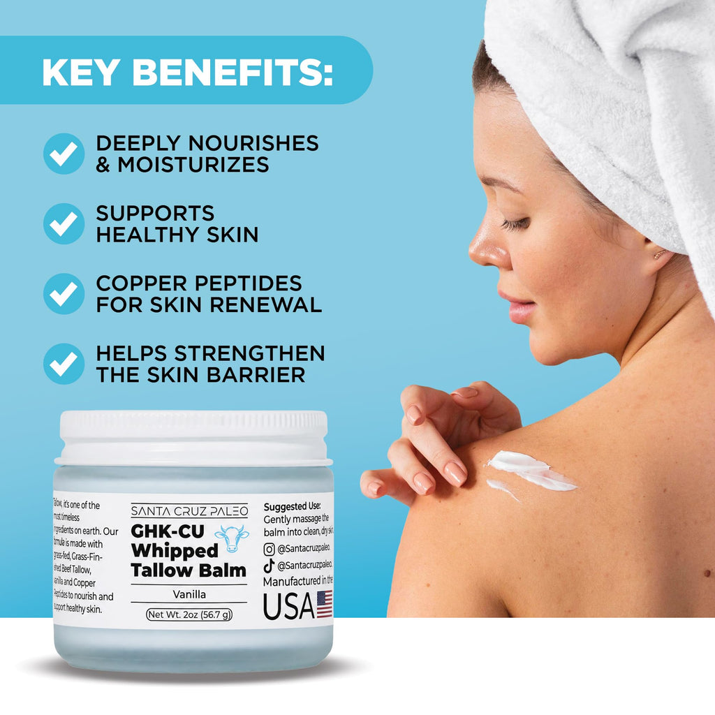 Santa Cruz Paleo GHK-Cu Whipped Tallow Balm + Copper Peptide, Vanilla, 2 Oz | Grass Fed Beef Tallow Moisturizer, Jojoba Oil, Vitamin E Skin Cream, Body Butter, Face Cream, Dry Skin Care, Body Lotion