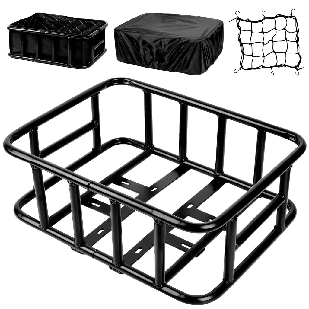 Bike Basket Rear, Large Bicycle Basket with Cargo Net, Liner and Waterproof Cover for Electirc Bike, Ebike and Bikes, Large Capacity Wire Bakset