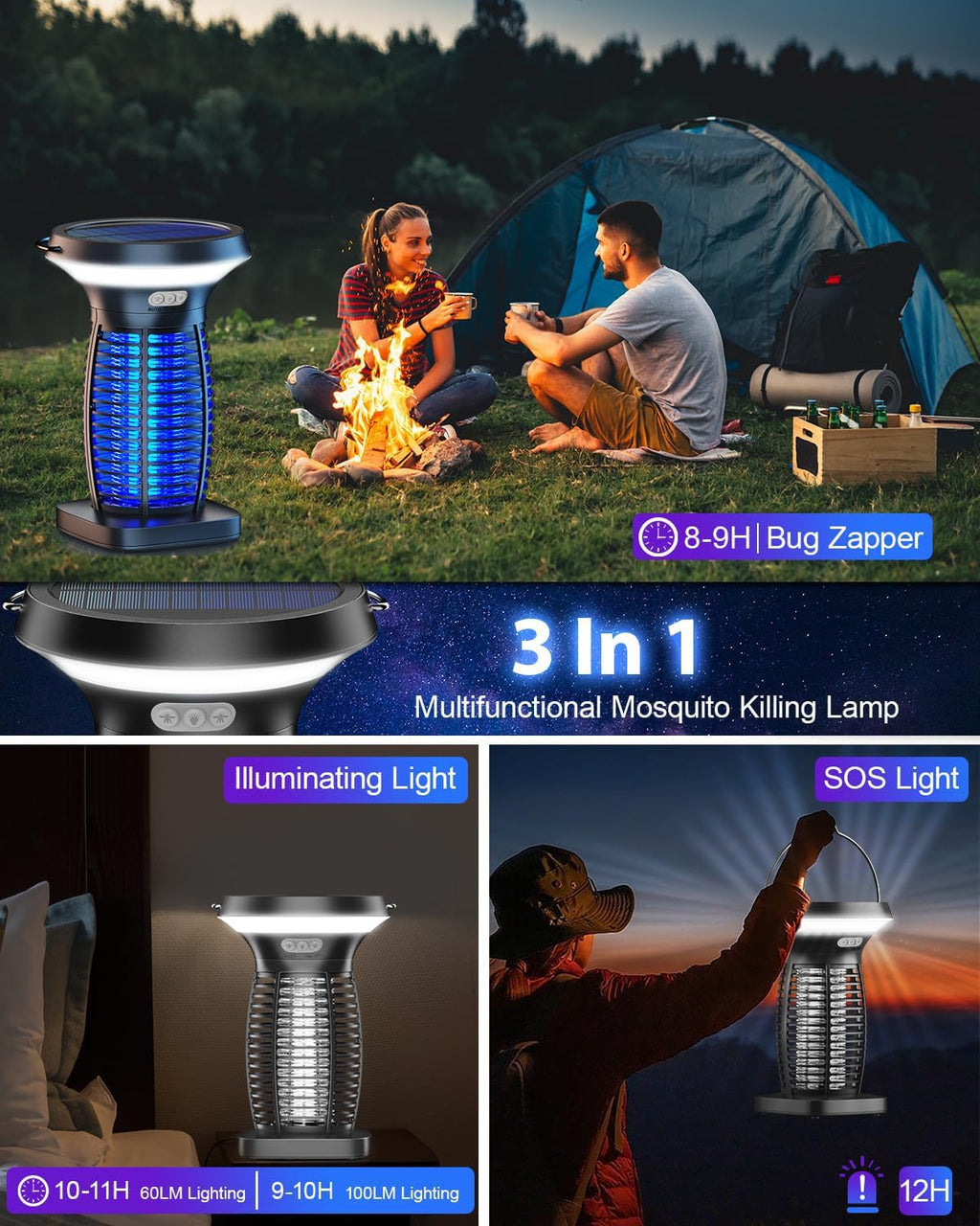 ZECHUAN Solar Bug Zapper Outdoor Waterproof, Electric Mosquitoes Zapper