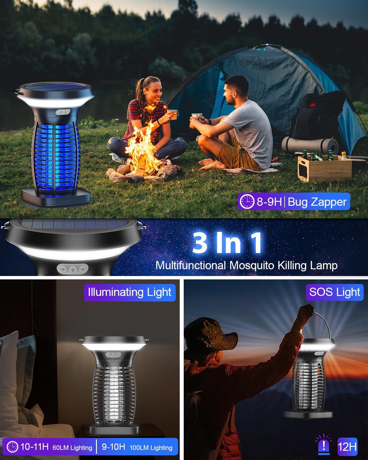 ZECHUAN Solar Bug Zapper Outdoor Waterproof, Electric Mosquitoes Zapper