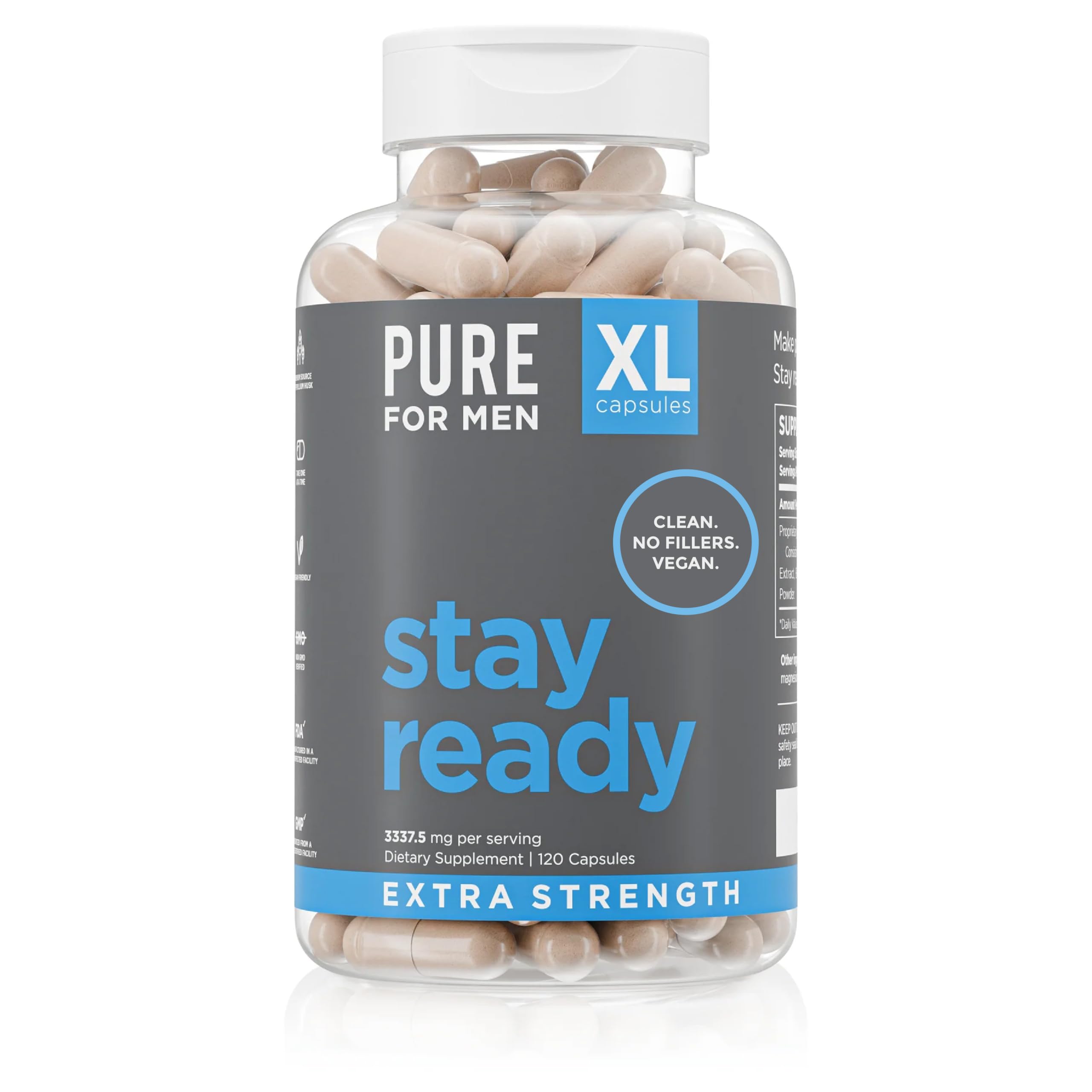 Pure for Men Stay Ready Fiber Supplement Psyllium Husk (120 Vegan Capsules) | Daily Fiber Pills for Men, Psyllium Husk, Aloe Vera, Chia & Flax, Digestive Regularity, Gut Health & Bloating Relief, Vegan