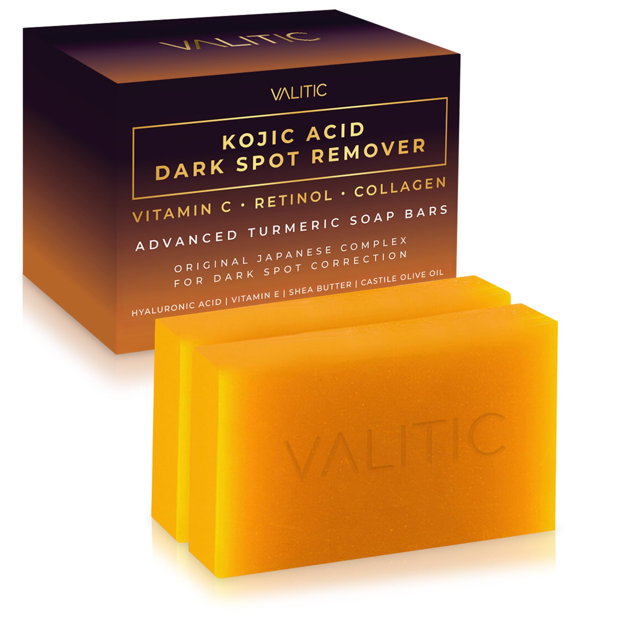 Buy now VALITIC Kojic Acid Dark Spot Remover Soap Bars with Vitamin C, Retinol, Collagen, Turmeric - Original Japanese Complex Infused with Hyaluronic Acid, Vitamin E, Shea Butter, Castile Olive Oil (2 Pack) at indiglob india