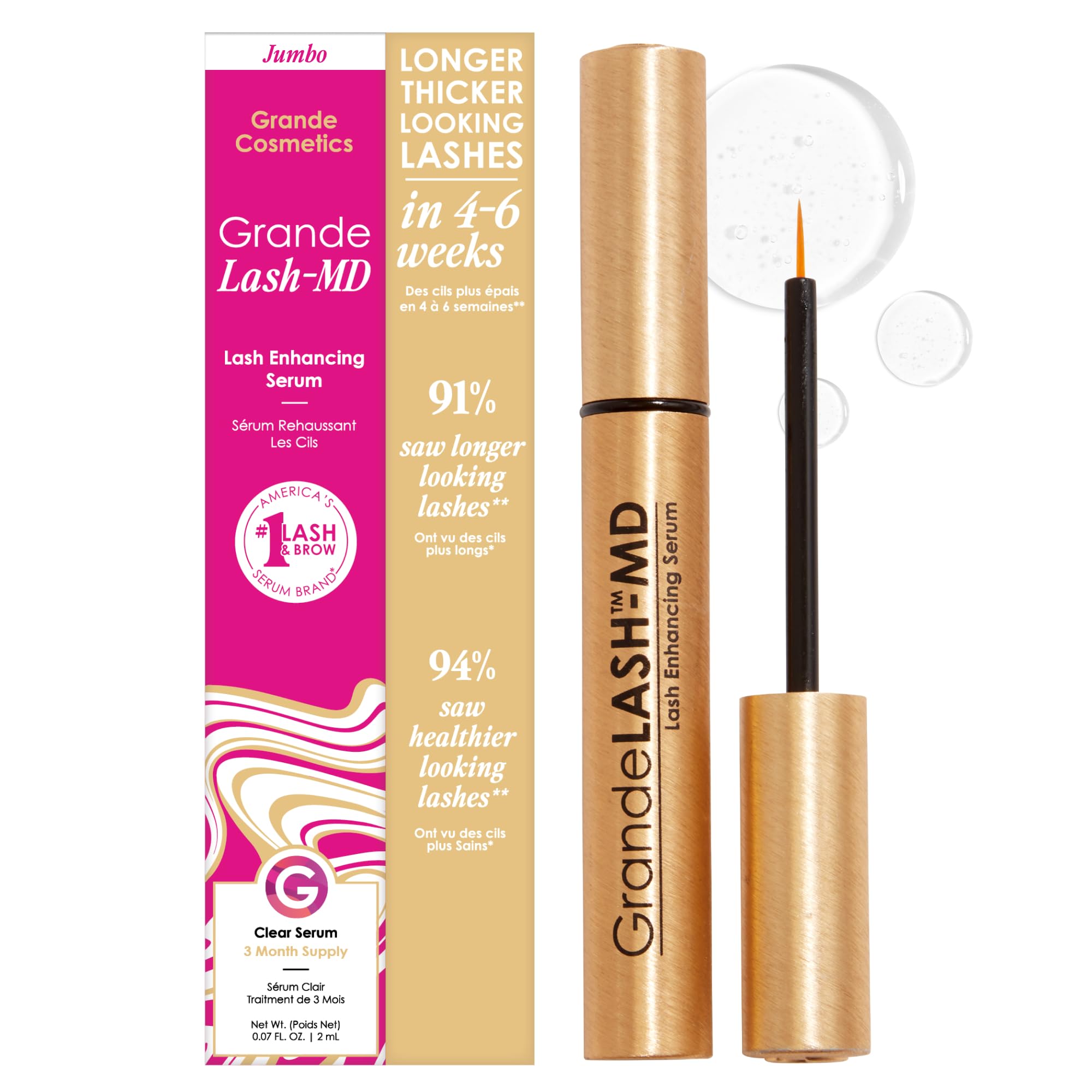 Grande Cosmetics GrandeLASH-MD Lash Enhancing Serum - Peptide & Vitamin Infused Formula for Longer, Thicker, Fuller Looking Lashes - Ophthalmologist Tested, Cruelty-Free, 6 Week Supply (1mL)