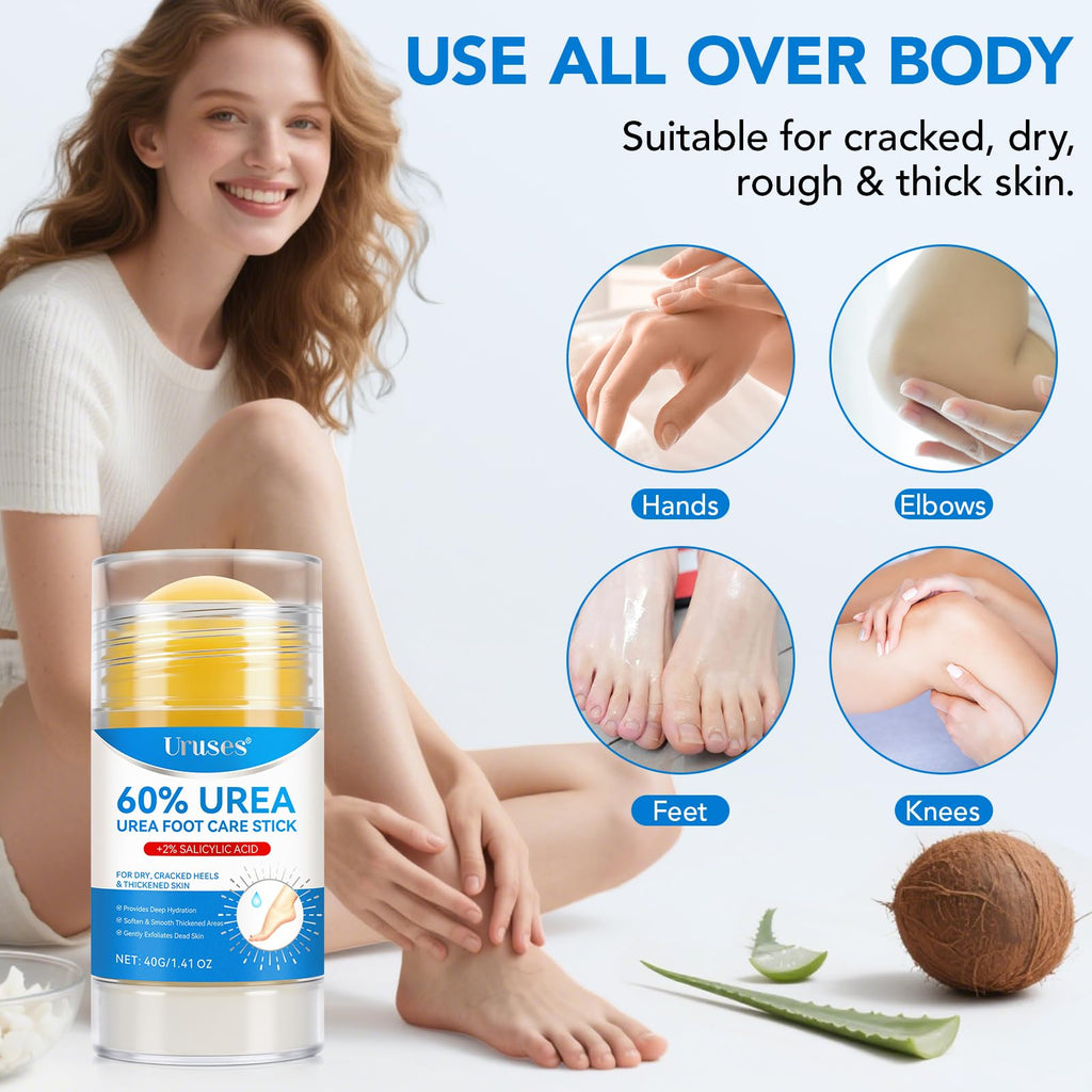 Uruses Urea Cream 60% plus Salicylic Acid 2% Urea Foot Care Stick, Foot Cream for Foot Callus Remover, Feet Moisturizer Stick for Dry Cracked Heels, Hands, Knees, Hydrating Heel Balm, Easy To Use