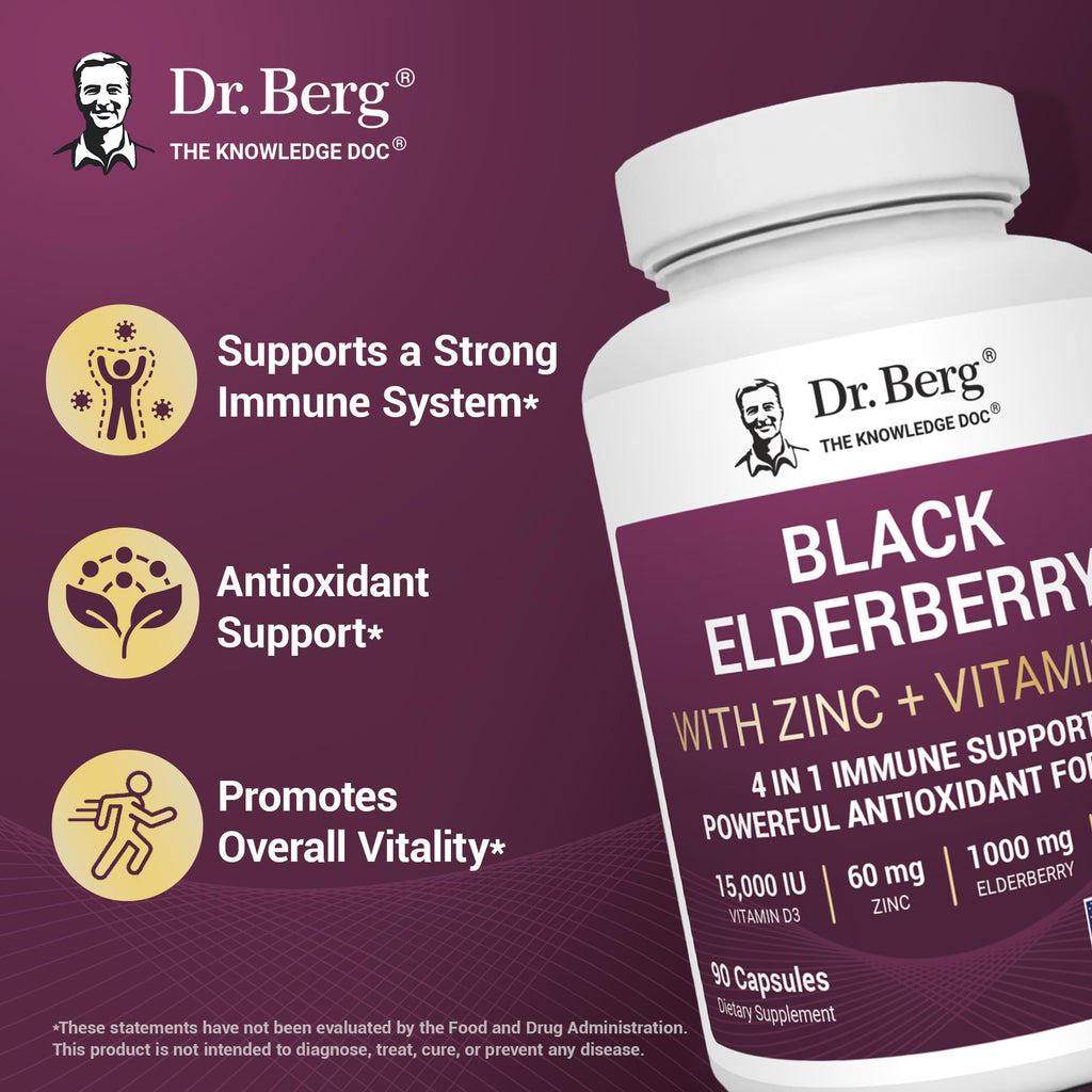 Dr. Berg Black Elderberry Capsules (Advanced Immune Support*) with 15,000 IU Vitamin D, 60 mg of Zinc, & 90 mg of Camu Camu - (4-in-1) Sambucus Elderberry Immune Support Supplement - 90 Capsules