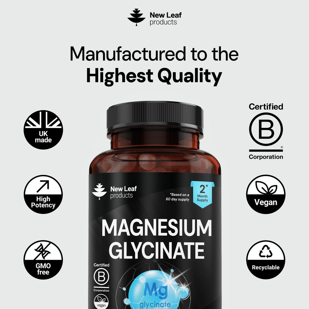 Magnesium Glycinate Supplements - 120 High Strength Capsules - 1040mg of Magnesium Providing 208mg Elemental Magnesium Per Serving - Pure Active Ingredient - UK Manufactured