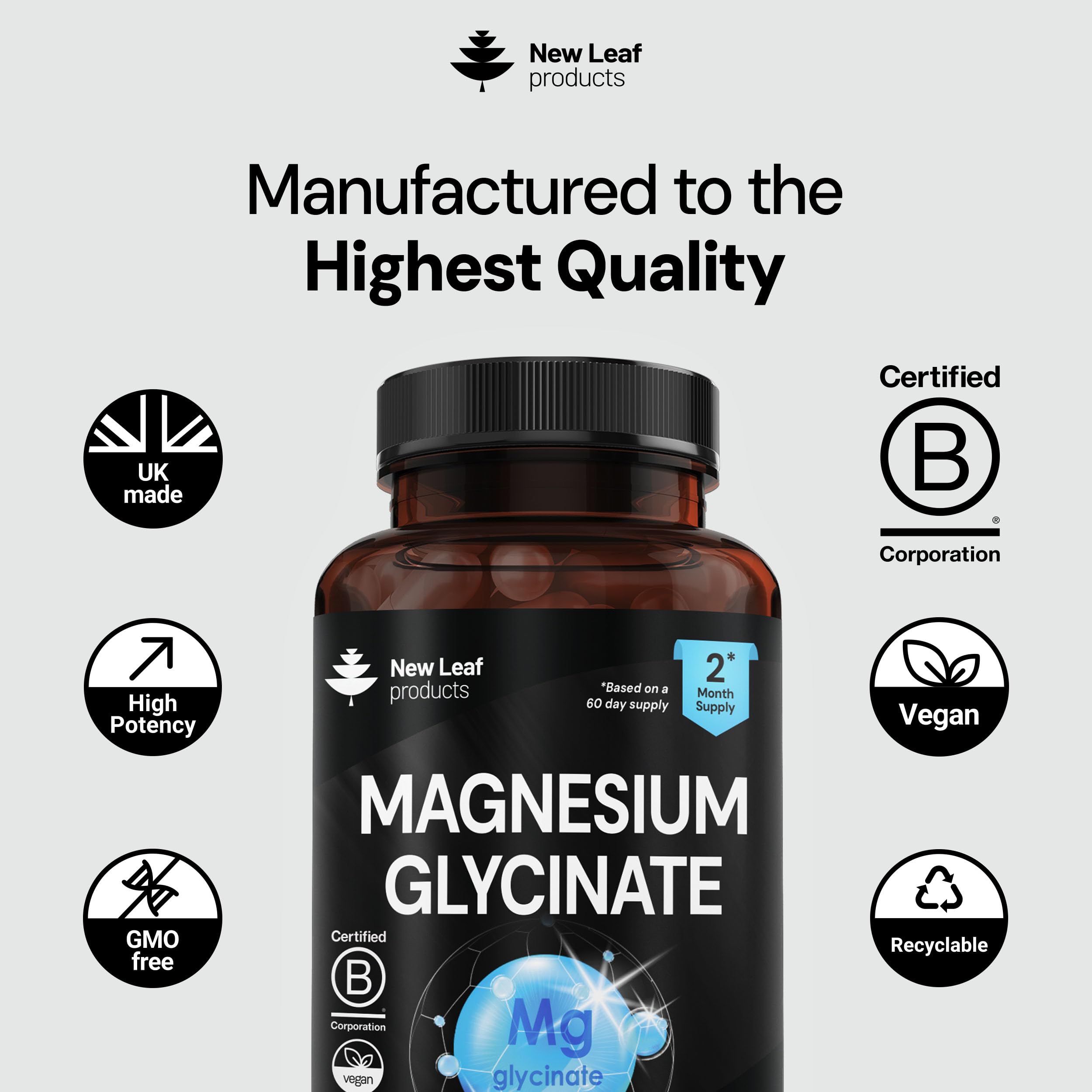 Magnesium Glycinate Supplements - 120 High Strength Capsules - 1040mg of Magnesium Providing 208mg Elemental Magnesium Per Serving - Pure Active Ingredient - UK Manufactured