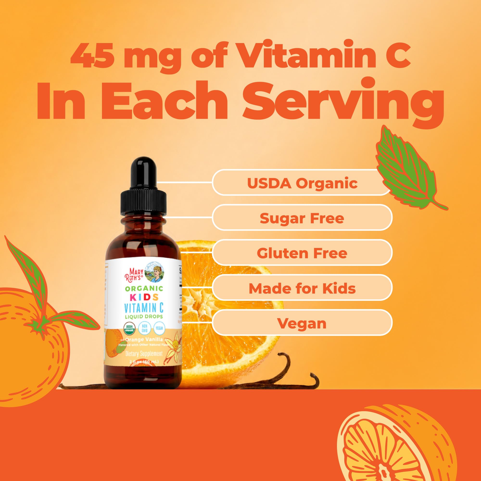 MARYRUTH'S USDA Organic Kids Vitamin C Drops, Immune Support, 2 oz | Vegan, Immune Support Supplement, Overall Health, Vitamin C from Organic Acerola Fruit Extract
