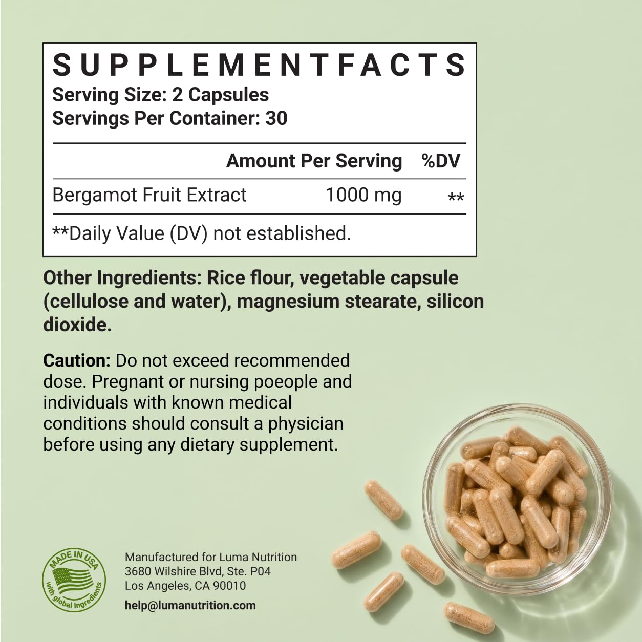 Luma Nutrition Citrus Bergamot 1000mg Supplement - 60 Capsules
