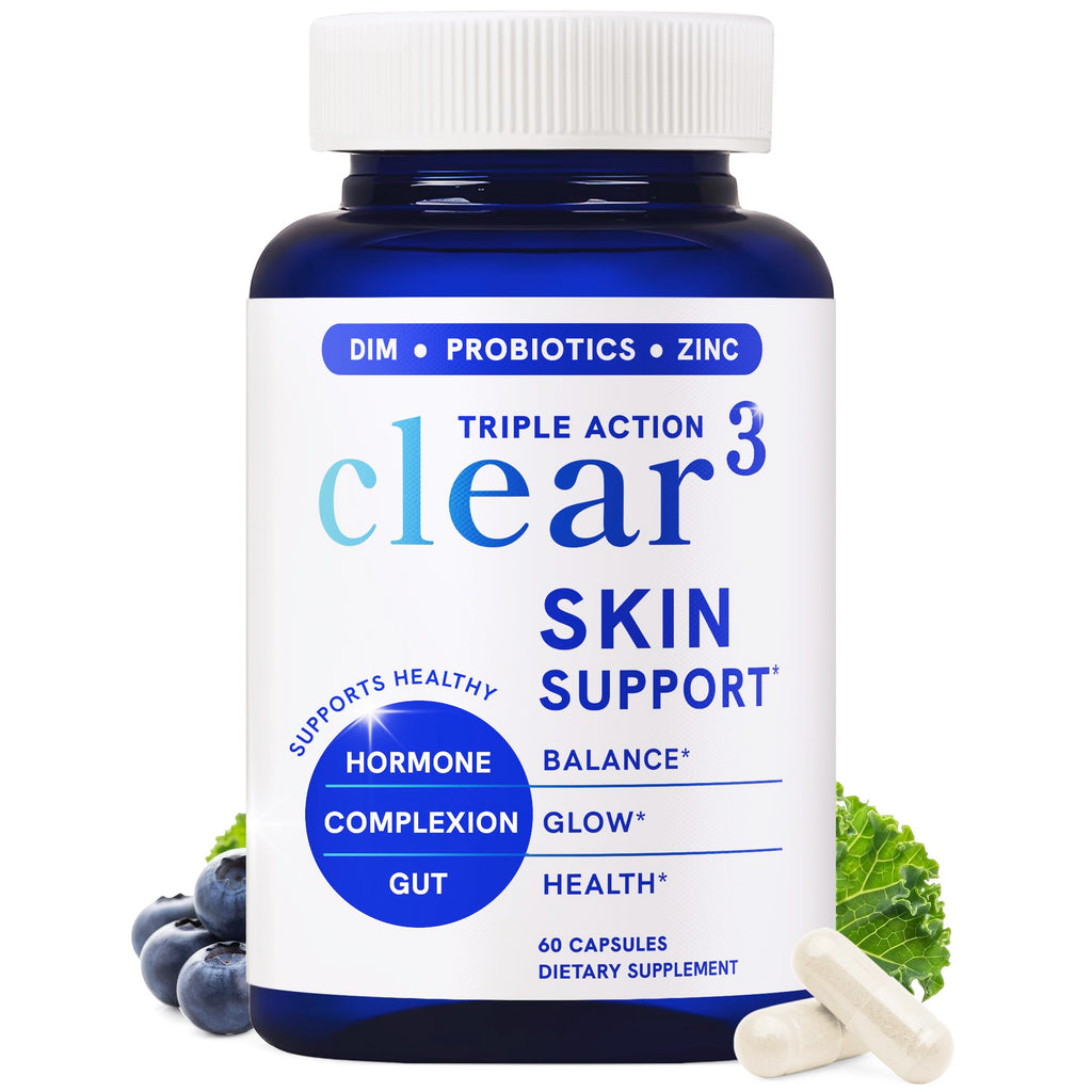 Clear Skin Supplement Acne Support, Zinc DIM, Probiotics, Doctor-Formulated | 3-in-1 Hormone, Gut & Complexion Support, Triple Action Hyaluronic Acid & Vitamins for Skin Balance and Glow, 180 Capsules