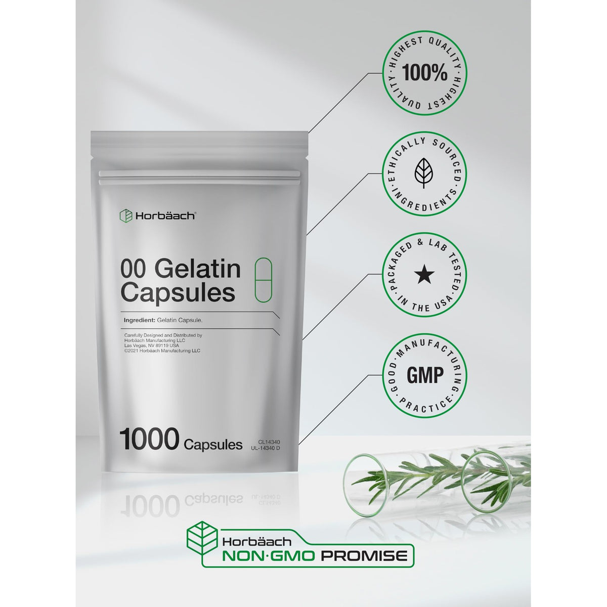 Empty Capsules Size 00 | 1000 Clear Gelatin Capsules | Resealable Bag | Non-GMO, Gluten Free | By Horbaach