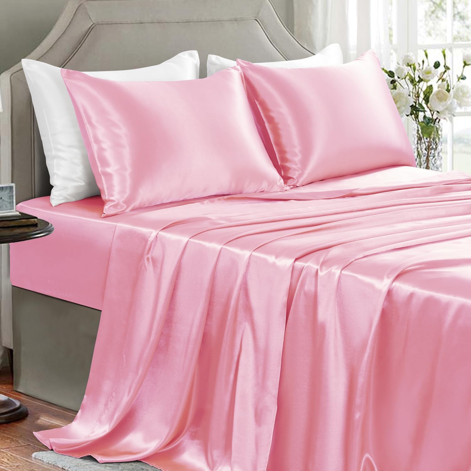 Buy now Satin Sheets King Size - 4 Pieces Luxury Silky Soft Bed Sheets, Wrinkle-Free Gold Satin Silk Sheet Set with 1 Deep Pocket Fitted Sheet, 1 Flat Sheet, 2 Pillow Cases California King Light Pink at indiglob india