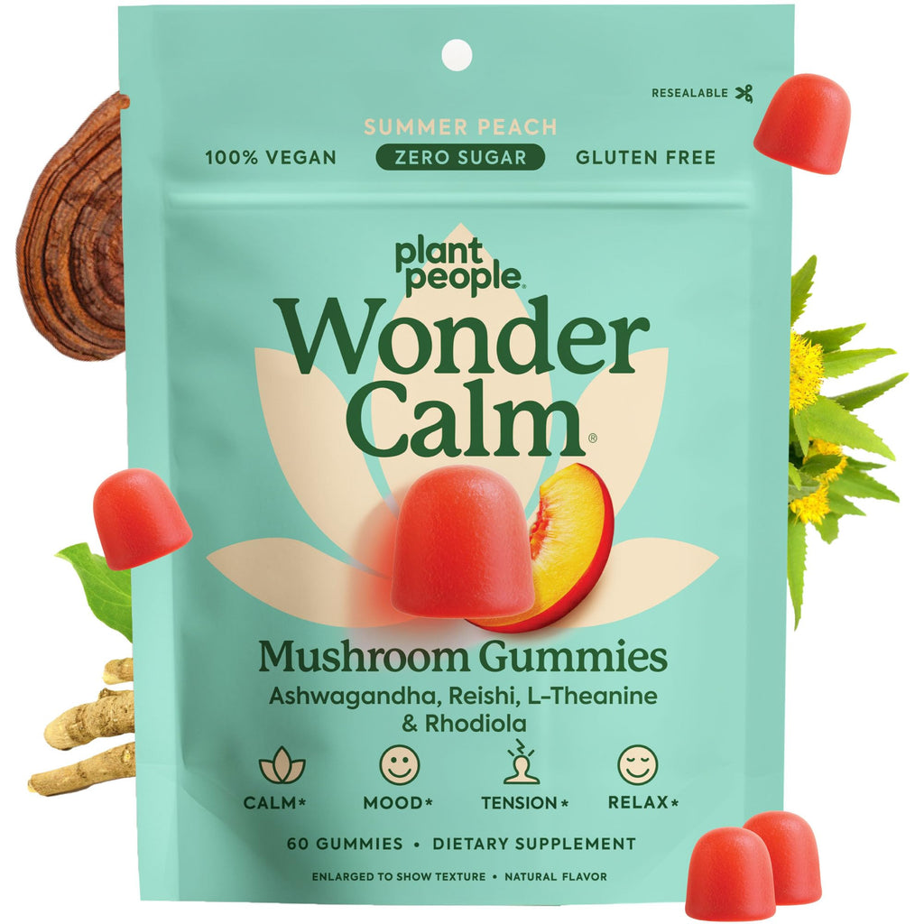 Plant People WonderCalm Mushroom & Ashwagandha Gummies, Peach Flavor 60ct | Natural Calm Gummies to Ease Stress & Boost Mood for Adults Without Sugar, Gluten or Artificial Colors, Vegan-Friendly