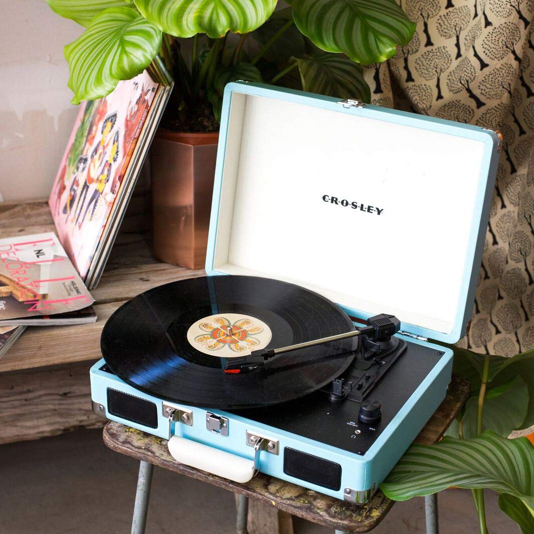 Buy now Crosley CR8005D-TU Cruiser Deluxe Vintage 3-Speed Bluetooth Suitcase Vinyl Record Player Turntable, Aqua at indiglob india