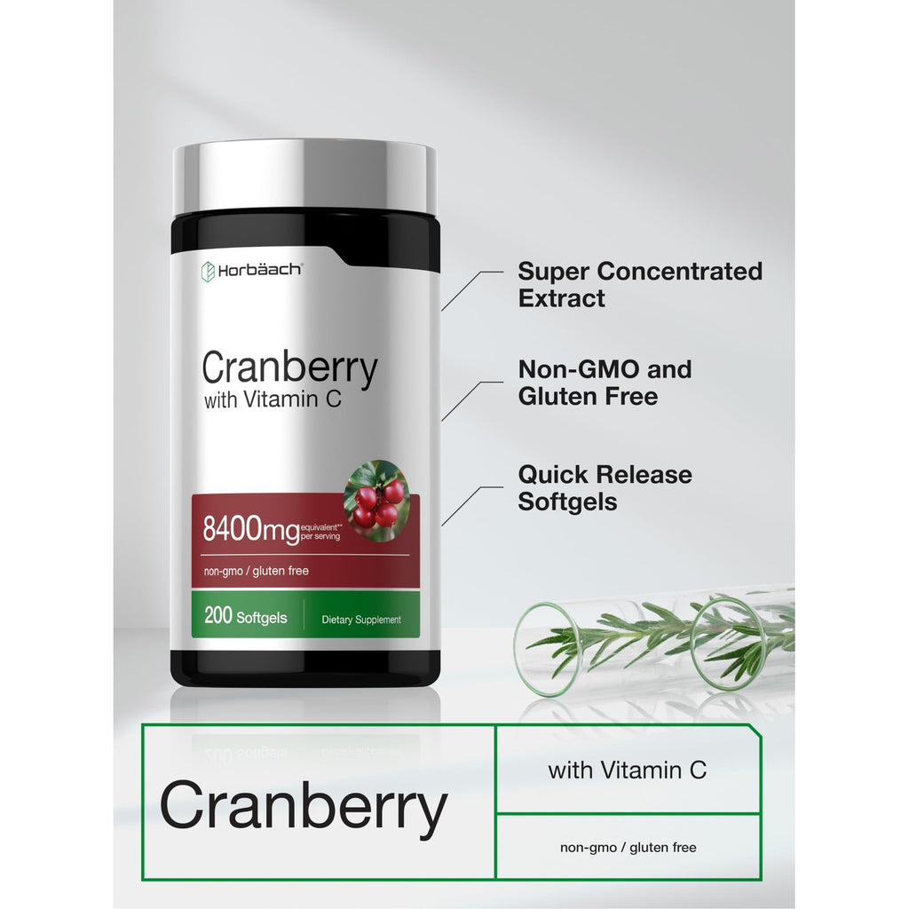 Horbäach Cranberry Pills for Women and Men | 200 Softgels | Extract Supplement with Vitamin C | Non-GMO, Gluten Free