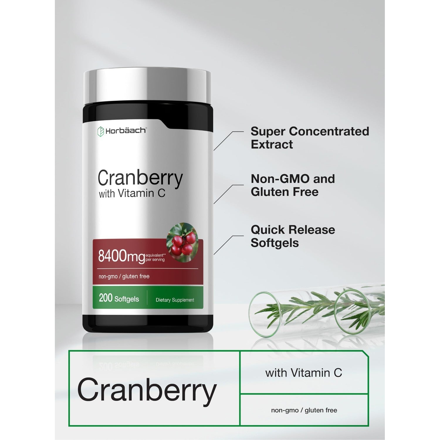 Horbäach Cranberry Pills for Women and Men | 200 Softgels | Extract Supplement with Vitamin C | Non-GMO, Gluten Free