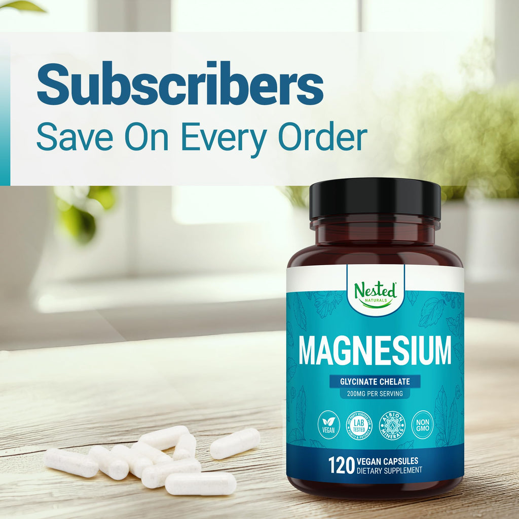 Nested Naturals Magnesium Glycinate Chelate - 200mg Chelated Magnesium Supplement for Muscle Cramps, Relaxation, & Sleep Support - 100% Albion TRACCS Buffered Magnesium Glycinate - 120 Vegan Capsules