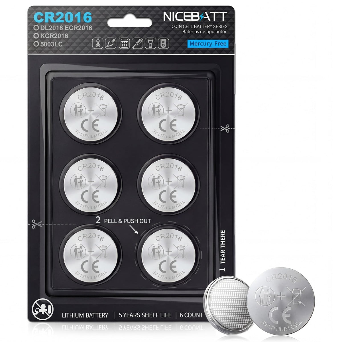 NICEBATT CR2016 3V Lithium Battery 6 Pack, Long Lasting Power for Key Fob, Watch, Calculator and More