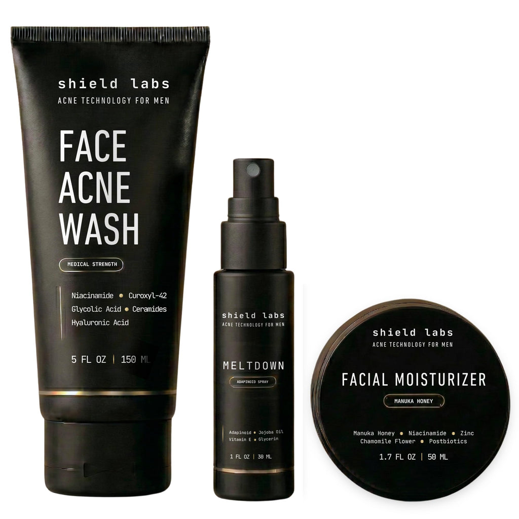 Shield Face Acne System for Men and Boys, Easy 3-Step Clear Skin Kit with 4% Benzoyl Peroxide Face Wash, Adapinoid Spray and Manuka Honey Moisturizer, Clears Breakouts and Balances Oily Skin