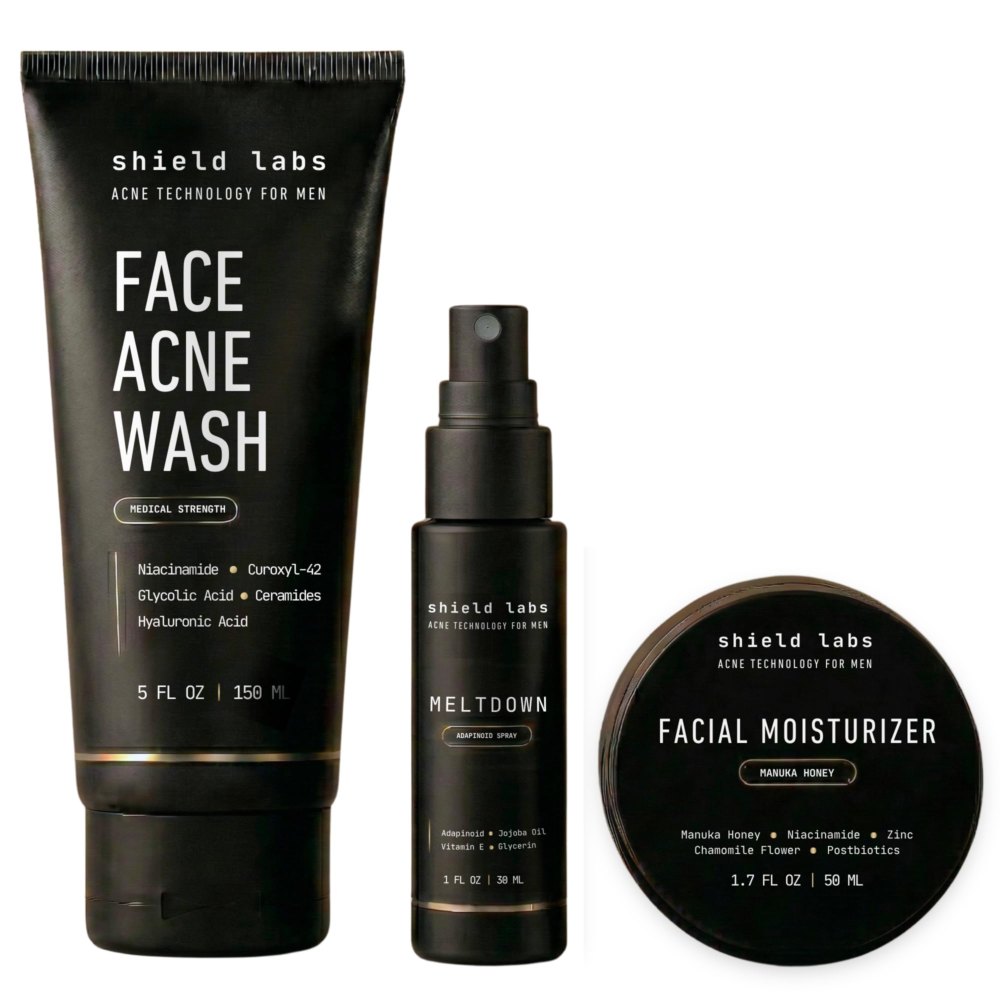 Shield Face Acne System for Men and Boys, Easy 3-Step Clear Skin Kit with 4% Benzoyl Peroxide Face Wash, Adapinoid Spray and Manuka Honey Moisturizer, Clears Breakouts and Balances Oily Skin