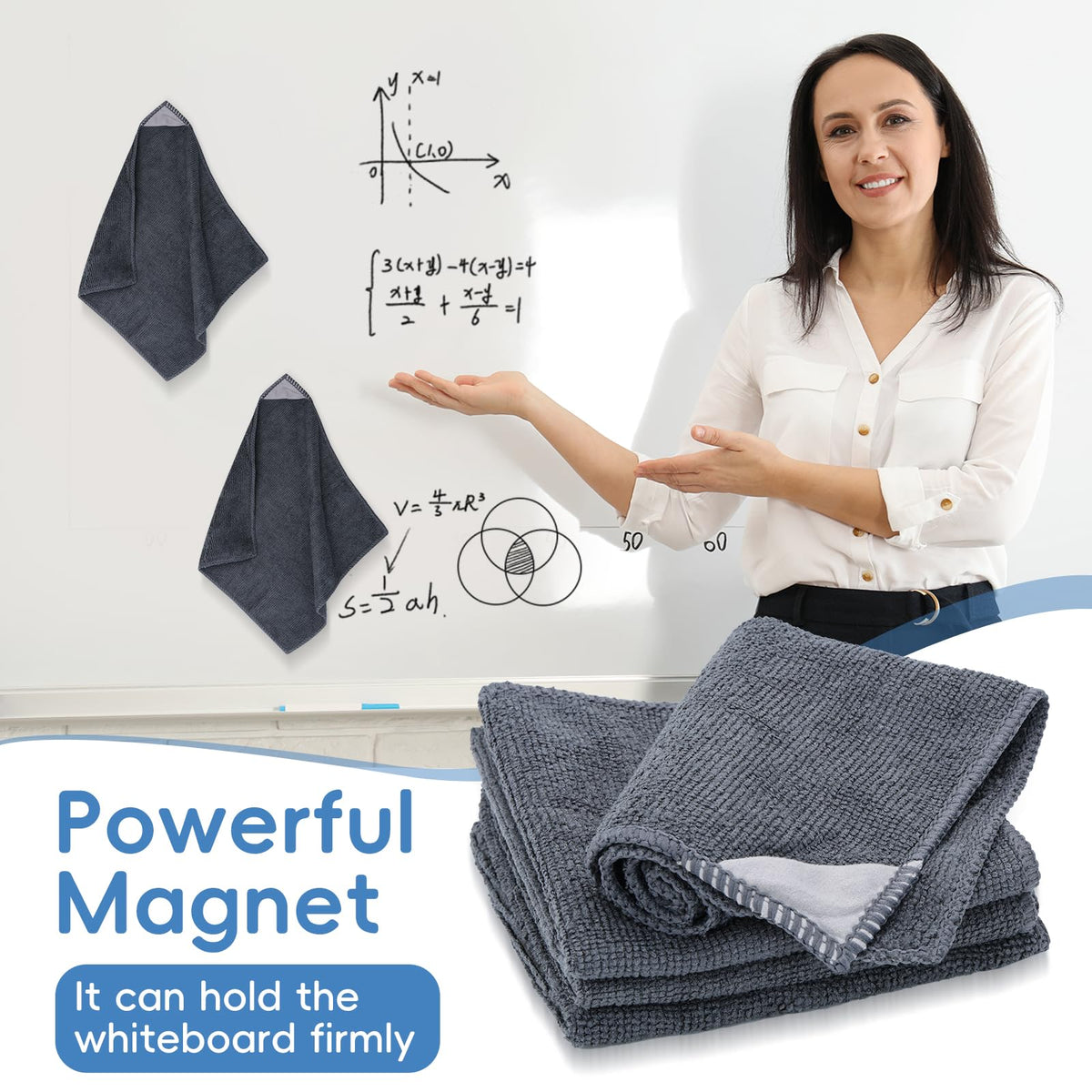 GoClimber 4 Pack Magnetic Microfiber Cleaning Cloth, Dry Erase Erasers Cleaner for Whiteboards, Blackboards, Chalkboards, Glassboards, Home, Office, School, Gray, 10'' x 9.25''