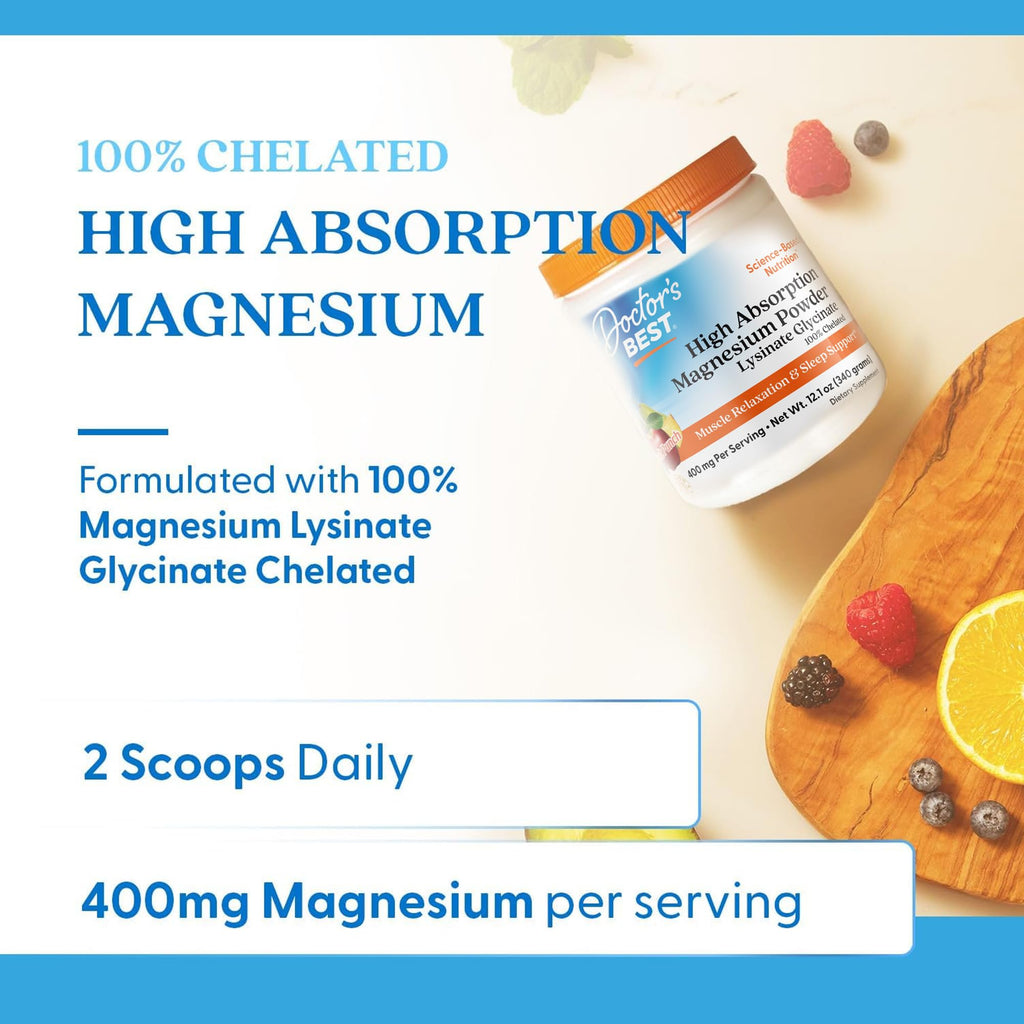Doctor's Best Magnesium Glycinate Powder, Fruit Punch Flavor, 12.1 oz