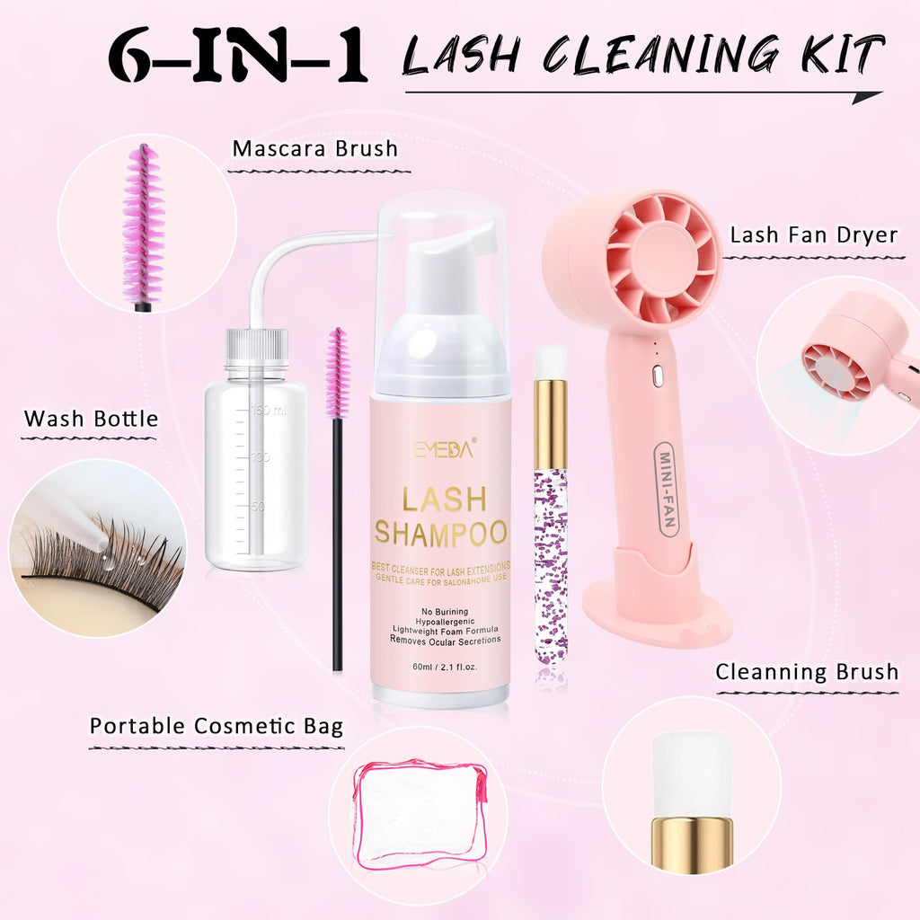 EMEDA Lash Shampoo Kit 2.02 Fl.oz Lash Cleaning Kit with Fan (Pink) | Dryer/Brush/Rinse Bottle, Oil-free Cleanser Wash for Extensions & Clusters & Natural Eyelashes, Cleaner for Eyelash Care