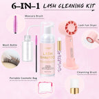 EMEDA Lash Shampoo Kit 2.02 Fl.oz Lash Cleaning Kit with Fan (Pink) | Dryer/Brush/Rinse Bottle, Oil-free Cleanser Wash for Extensions & Clusters & Natural Eyelashes, Cleaner for Eyelash Care