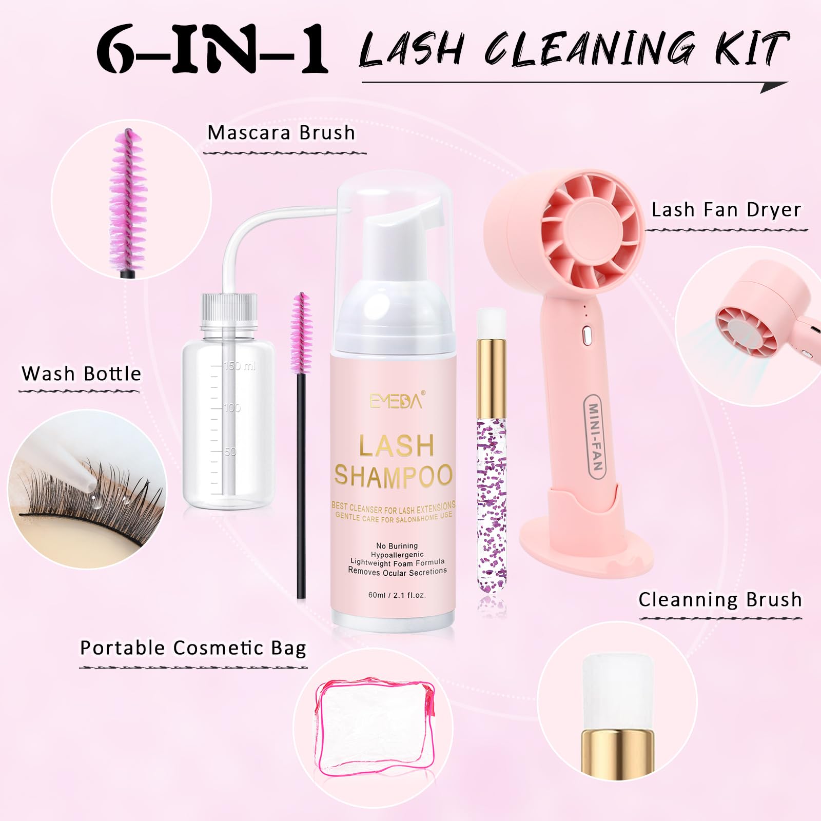 EMEDA Lash Shampoo Kit 2.02 Fl.oz Lash Cleaning Kit with Fan (Pink) | Dryer/Brush/Rinse Bottle, Oil-free Cleanser Wash for Extensions & Clusters & Natural Eyelashes, Cleaner for Eyelash Care