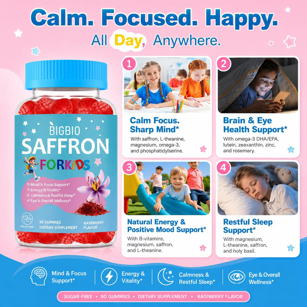 Saffron for Kids, Happy Mood Gummies, Magnesium Glycinate, Omega-3, Holy Basil, L-Theanine, Rosemary, B6, D3 for Calm, Focus, Cognition, Sleep, Sugar Free Saffron Extract Supplement, 90 Gummies