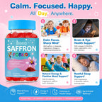 Saffron for Kids, Happy Mood Gummies, Magnesium Glycinate, Omega-3, Holy Basil, L-Theanine, Rosemary, B6, D3 for Calm, Focus, Cognition, Sleep, Sugar Free Saffron Extract Supplement, 90 Gummies