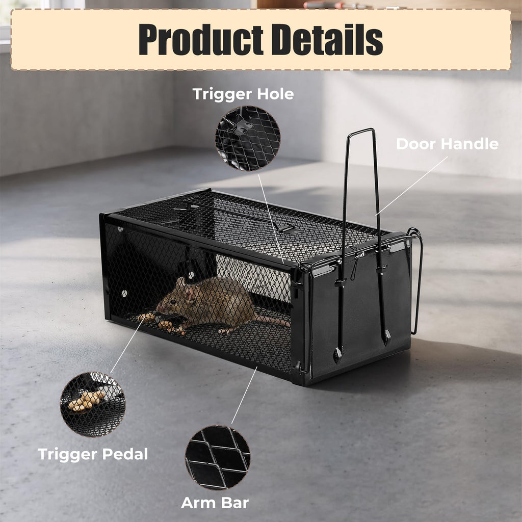 2 Pack Humane Rat Traps 12.5"x5.5"x4.5", Reusable Mouse Traps for Indoor/Outdoor Use, No-Kill Live Capture for Chipmunks, Rats, Mice
