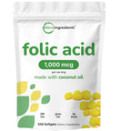 Folic Acid 1,000 mcg, 500 Coconut Oil Softgels (1mg) | Essential Prenatal Vitamins (Vitamin B9) | 1,667 mcg DFE | Third Party Tested, No Artificial Colors or Flavors | Non-GMO, Gluten Free