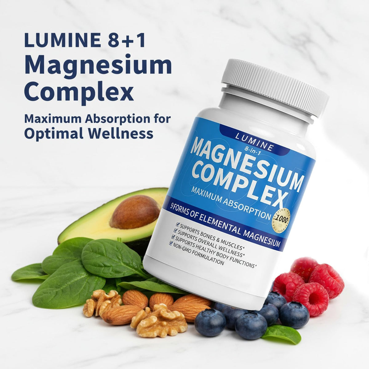 Lumine Magnesium Complex Supplement - Advanced 8-in-1 Elemental 1000mg- Glycinate, Citrate, Malate, Taurate, Chelated for Easy Absorbed, Energy-Restoring, 90 Capsules