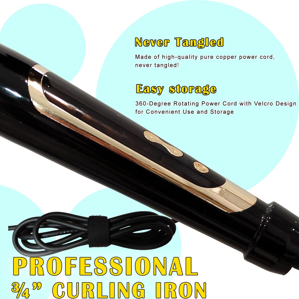 abp 3/4 Inch Extra Long Barrel Curling Iron with Clamp Instant Heat to 450F | Ceramic Coating with LCD Display, 0.75 Inch Hair Style Tools for Short/Medium Hair, Designed for Women & Girls