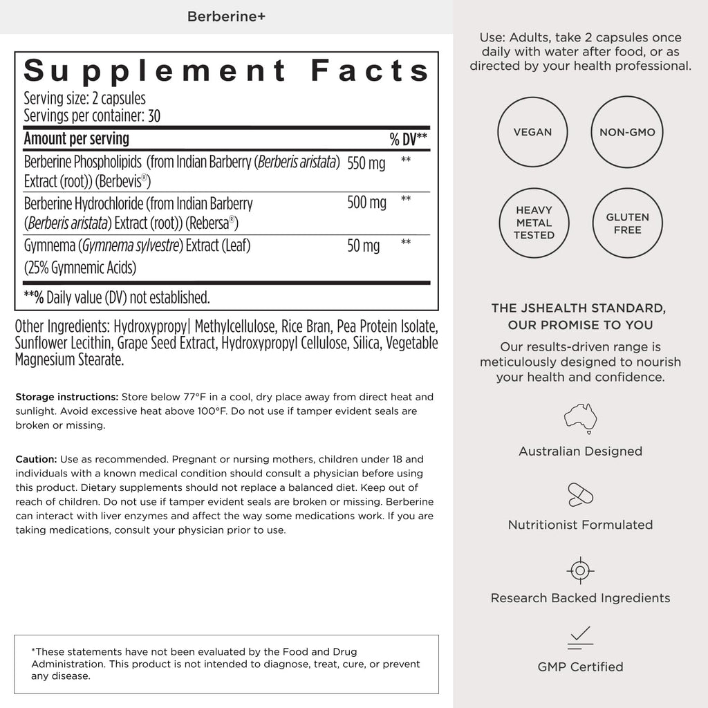 JSHealth Berberine Supplement with Berbevis for Metabolic Health Support. Higher Strength for Blood Sugar Already in the Normal Range and Body Composition. By Nutritionist Jessica Sepel (60 Capsules)