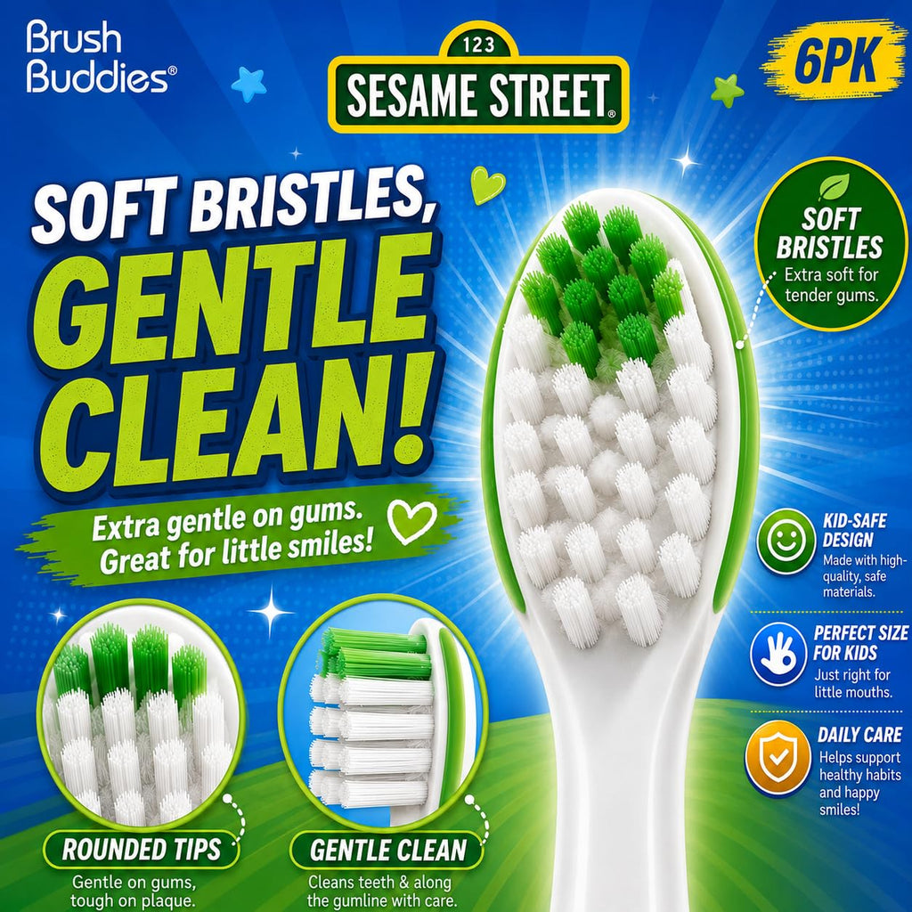 Brush Buddies Sesame Street Toothbrushes for Kids, Soft Bristle Toddler Toothbrushes Ages 2-4, Fun Sesame Street Designs, 6-Count Set