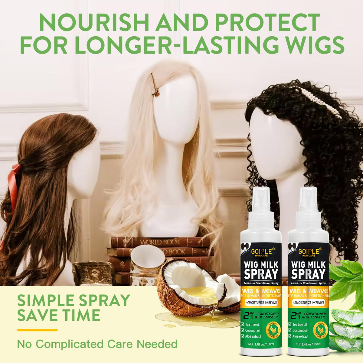 2PCS Wig Milk Spray for Synthetic Hair, Leave-In Conditioner Wig Detangler Spray for Human Wigs, Conditioner ＆ Detangler 2 in 1 Moisturizer, Hydrates & Replenishes Synthetic Hair Wigs Easy Combing