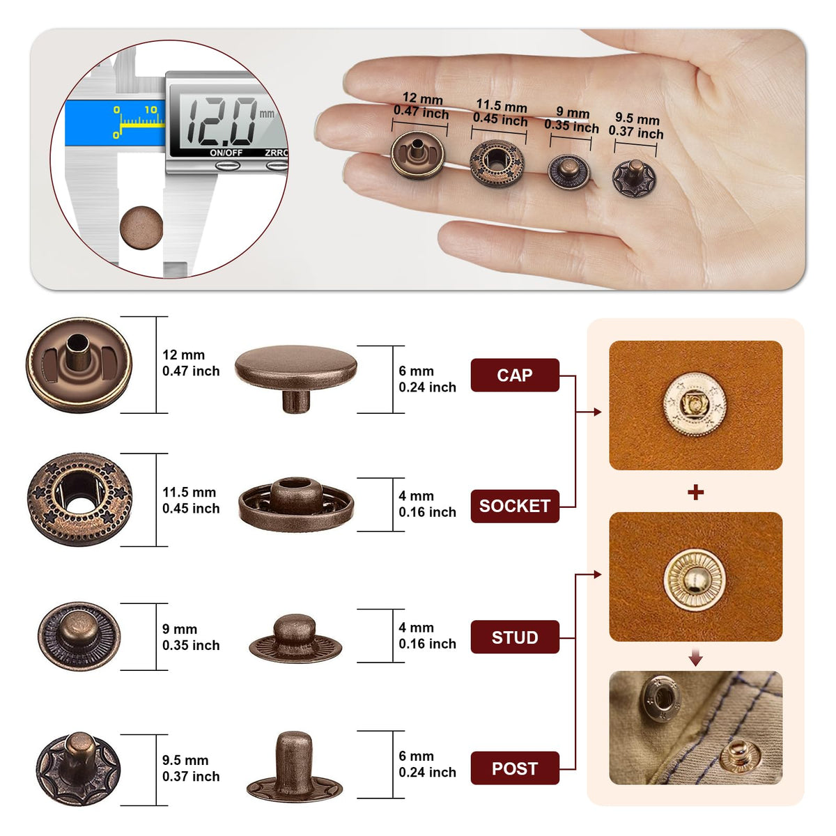 Qfun 120Pcs 12mm Metal Snap Button Fastener Kit with Setter Tools & Hammer