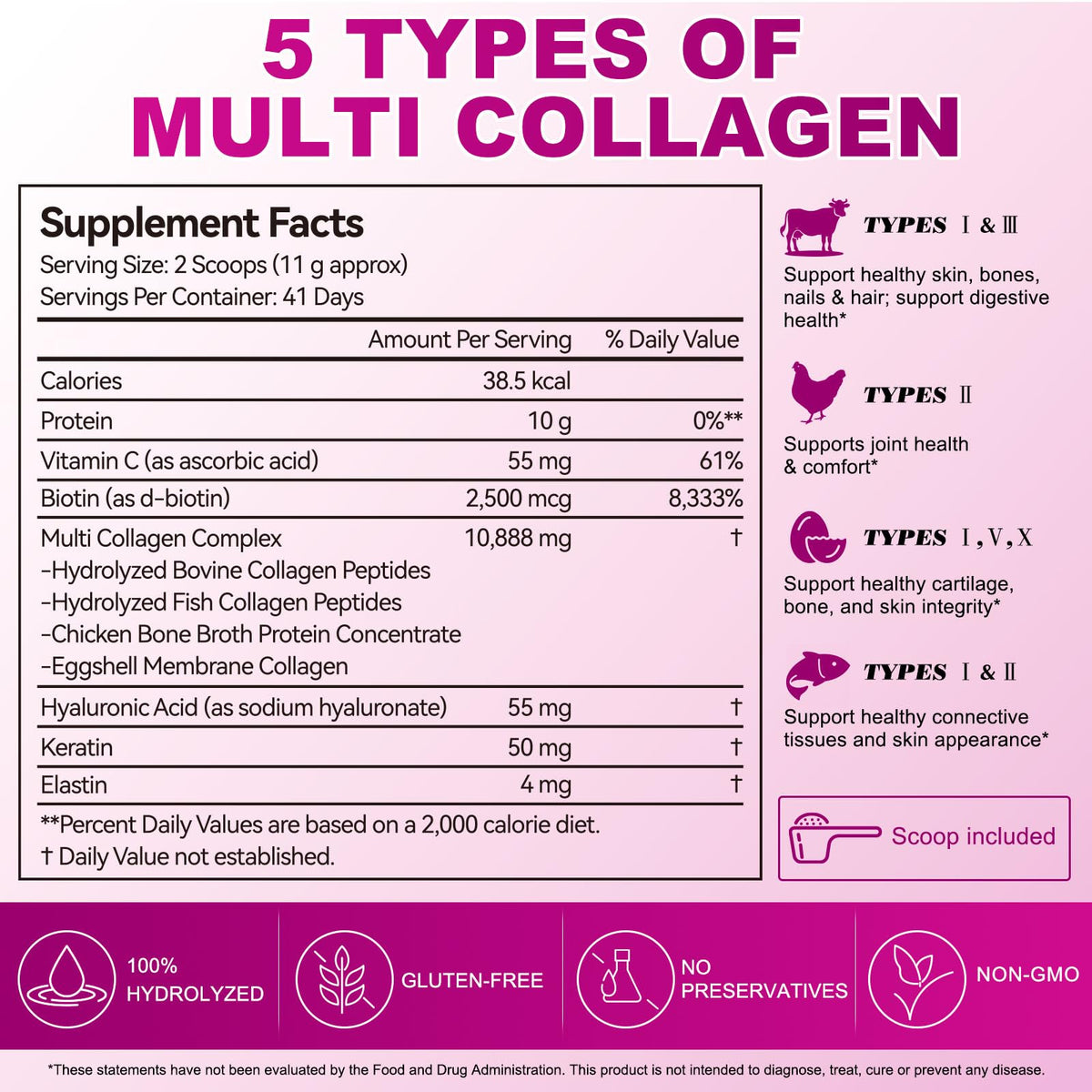 Multi Collagen Peptides Powder | Types I, II, III, V, X | 16 Oz (41 Servings) Hydrolyzed Collagen with Biotin, Vitamin Supports Healthy Skin, Joints, Hair, and Nails | Unflavored & Dissolves Easily