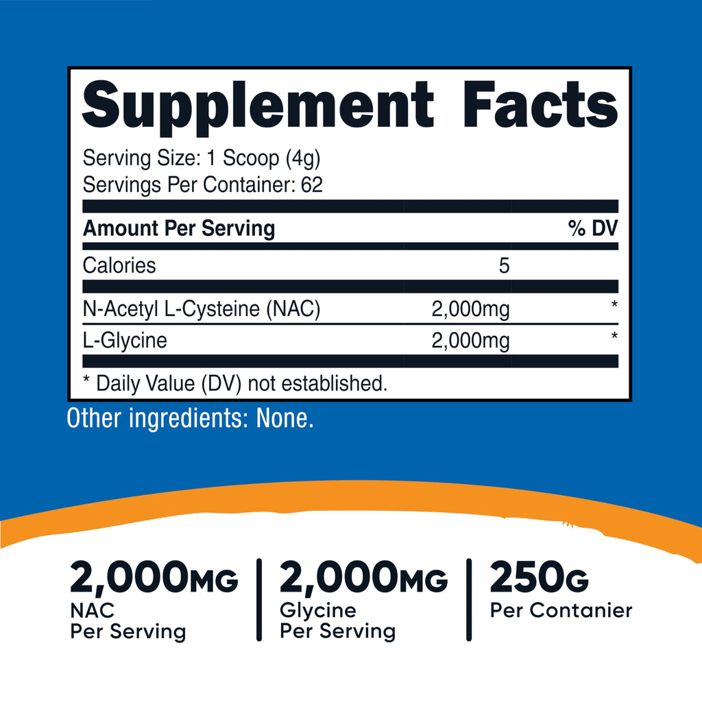 Nutricost NAC + Glycine Powder (250 Grams) Unflavored, Gluten-Free | 2,000mg NAC + 2,000mg Glycine per Serving, Vegan, GMO-Free, 62 Servings
