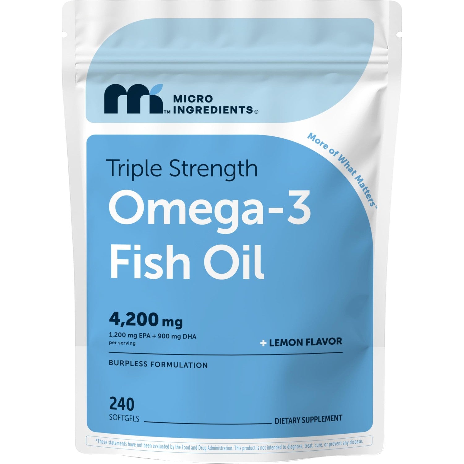 Micro Ingredients Triple Strength Omega-3 Fish Oil 4,200 mg Per Serving | EPA 1200mg + DHA 900mg Per Serving, Wild Caught Fish Source, Lemon-Flavored, 240 Softgels, Burpless, No Fishy Aftertaste.