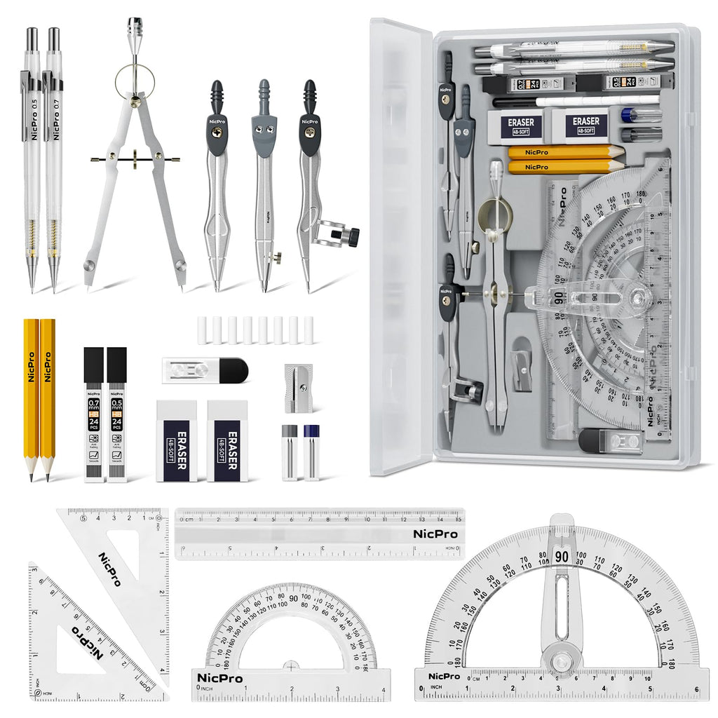 Nicpro 22 PCS Compass Geometry Tools with Case, Drafting Tool Geometry Set